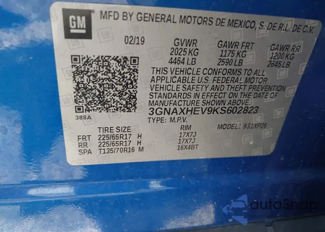 2019 Chevrolet Equinox Ls из США, поврежденный, VIN 3GNAXHEV9KS602823